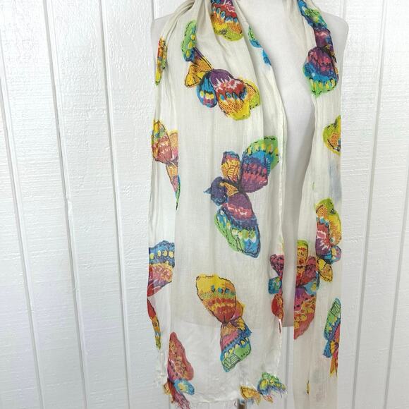 Women Butterfly Retangle Head Neck Scarf Colorful Boho Summer White 70”x14” - Picture 2 of 5
